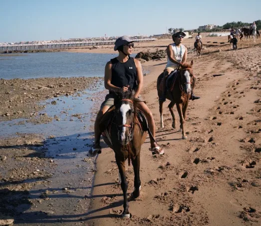 Beginner horse riding on the beach